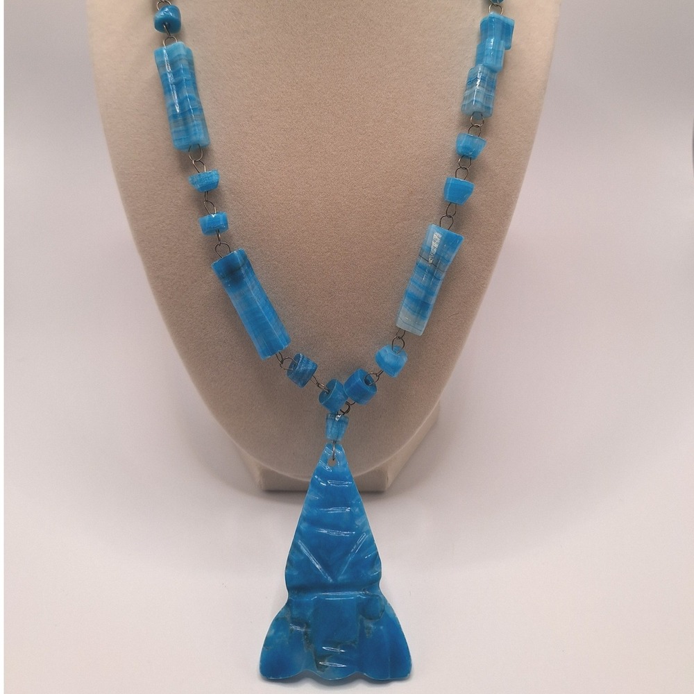 Vintage Mexican folk art pendant necklace blue stone hand crafted carved Aztec